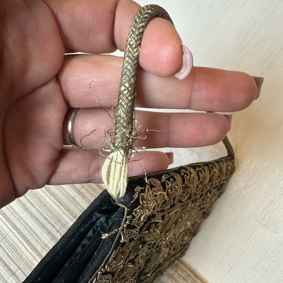 Vintage 1950s Black Velvet Gold Beaded Embroidered Evening Purse Made in India